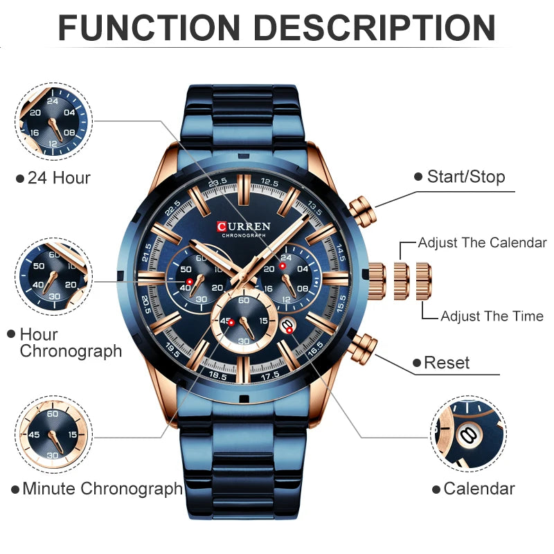CURREN Luxury Sports Quartz Men's Watch – Full Steel Waterproof Chronograph Wristwatch with Luminous Hands