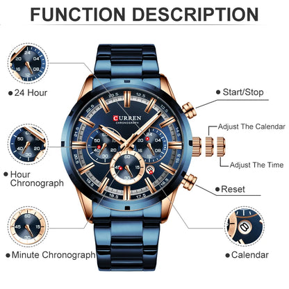CURREN Luxury Sports Quartz Men's Watch – Full Steel Waterproof Chronograph Wristwatch with Luminous Hands