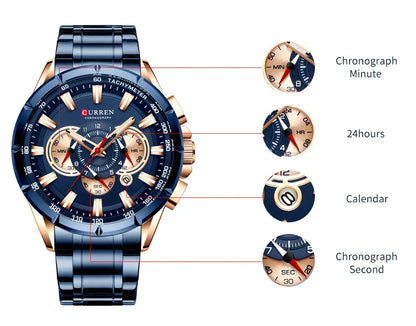 CURREN Casual Sport Chronograph Men's Watch – Stainless Steel Big Dial Quartz Wristwatch with Luminous Pointers
