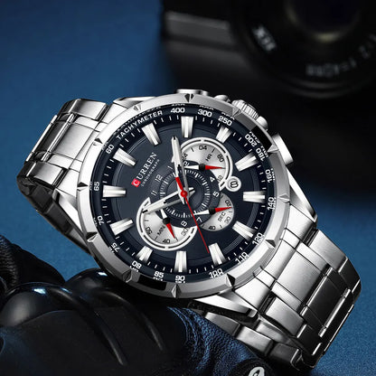 CURREN Casual Sport Chronograph Men's Watch – Stainless Steel Big Dial Quartz Wristwatch with Luminous Pointers
