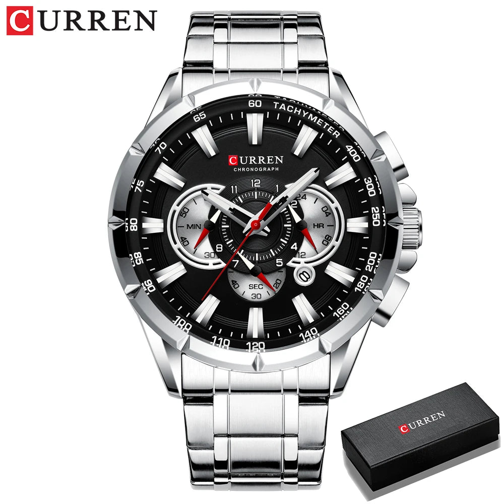 CURREN Casual Sport Chronograph Men's Watch – Stainless Steel Big Dial Quartz Wristwatch with Luminous Pointers