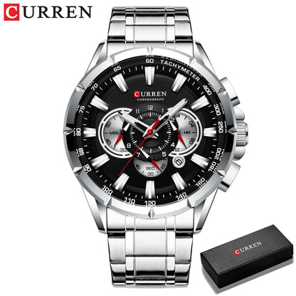 CURREN Casual Sport Chronograph Men's Watch – Stainless Steel Big Dial Quartz Wristwatch with Luminous Pointers