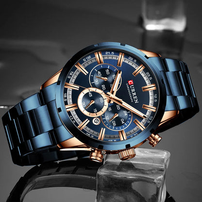CURREN Luxury Sports Quartz Men's Watch – Full Steel Waterproof Chronograph Wristwatch with Luminous Hands