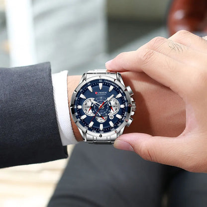CURREN Casual Sport Chronograph Men's Watch – Stainless Steel Big Dial Quartz Wristwatch with Luminous Pointers
