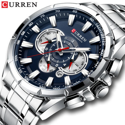 CURREN Casual Sport Chronograph Men's Watch – Stainless Steel Big Dial Quartz Wristwatch with Luminous Pointers