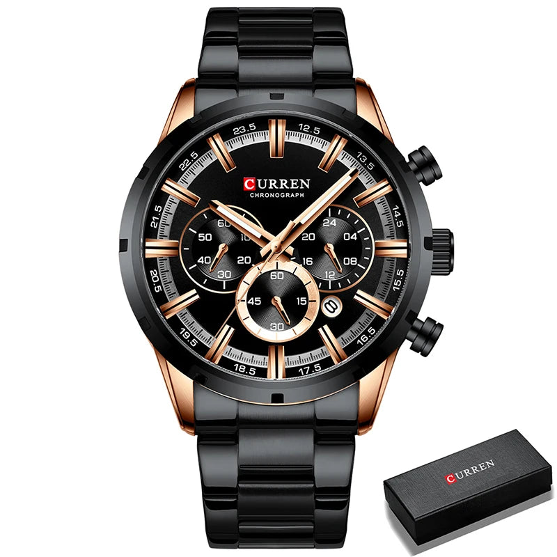 CURREN Luxury Sports Quartz Men's Watch – Full Steel Waterproof Chronograph Wristwatch with Luminous Hands