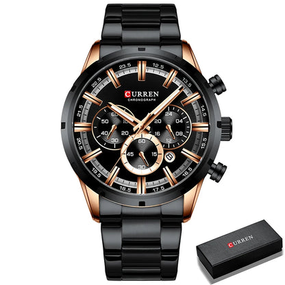 CURREN Luxury Sports Quartz Men's Watch – Full Steel Waterproof Chronograph Wristwatch with Luminous Hands
