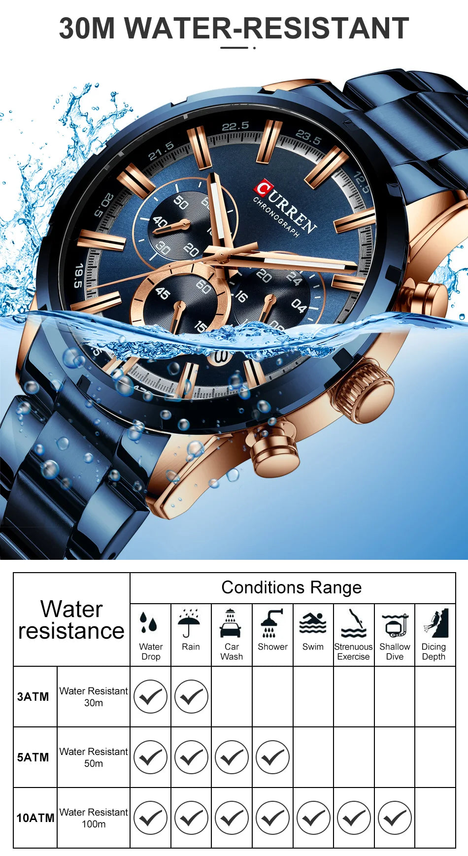 CURREN Luxury Sports Quartz Men's Watch – Full Steel Waterproof Chronograph Wristwatch with Luminous Hands