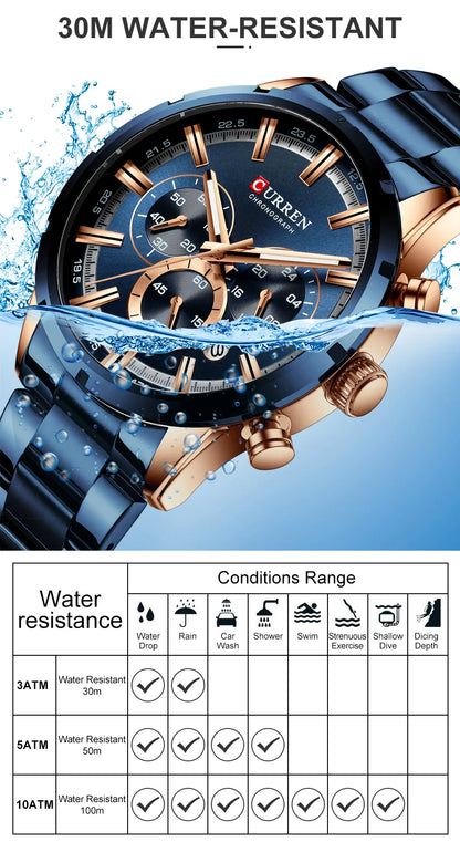 CURREN Luxury Sports Quartz Men's Watch – Full Steel Waterproof Chronograph Wristwatch with Luminous Hands