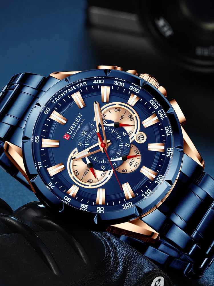 CURREN Casual Sport Chronograph Men's Watch – Stainless Steel Big Dial Quartz Wristwatch with Luminous Pointers