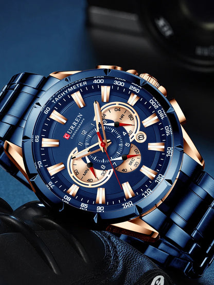 CURREN Casual Sport Chronograph Men's Watch – Stainless Steel Big Dial Quartz Wristwatch with Luminous Pointers