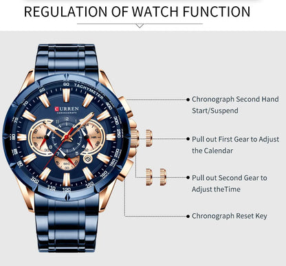 CURREN Casual Sport Chronograph Men's Watch – Stainless Steel Big Dial Quartz Wristwatch with Luminous Pointers