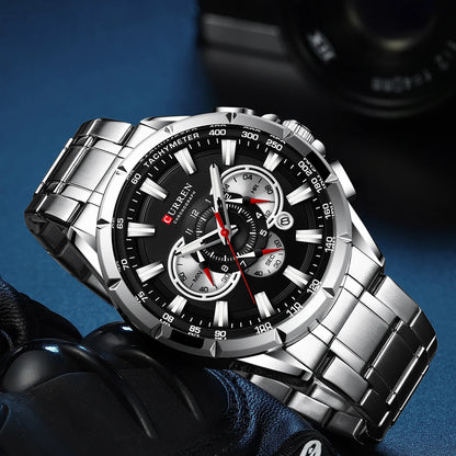 CURREN Casual Sport Chronograph Men's Watch – Stainless Steel Big Dial Quartz Wristwatch with Luminous Pointers