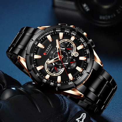 CURREN Casual Sport Chronograph Men's Watch – Stainless Steel Big Dial Quartz Wristwatch with Luminous Pointers