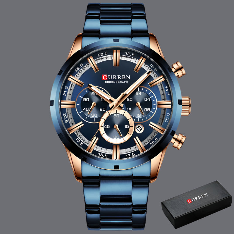 CURREN Luxury Sports Quartz Men's Watch – Full Steel Waterproof Chronograph Wristwatch with Luminous Hands