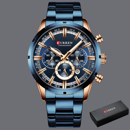 CURREN Luxury Sports Quartz Men's Watch – Full Steel Waterproof Chronograph Wristwatch with Luminous Hands