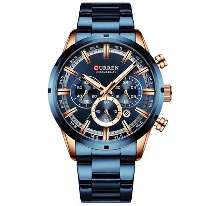 CURREN Luxury Sports Quartz Men's Watch – Full Steel Waterproof Chronograph Wristwatch with Luminous Hands