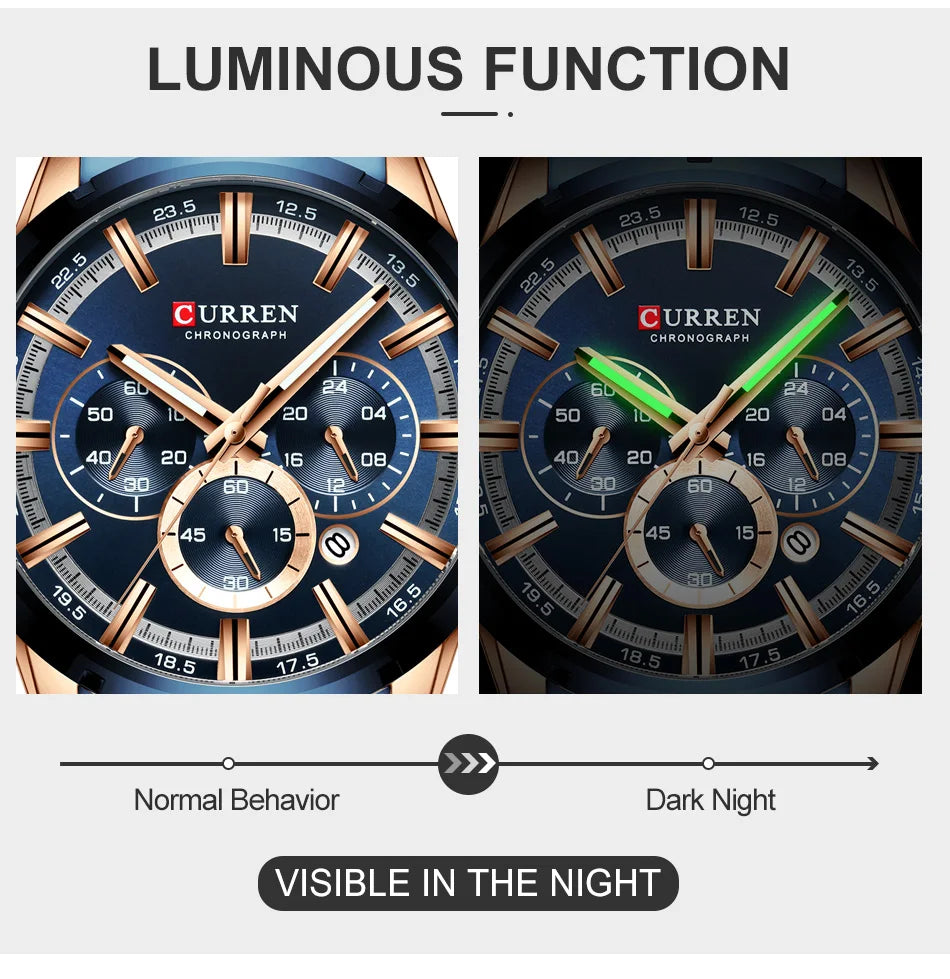 CURREN Luxury Sports Quartz Men's Watch – Full Steel Waterproof Chronograph Wristwatch with Luminous Hands