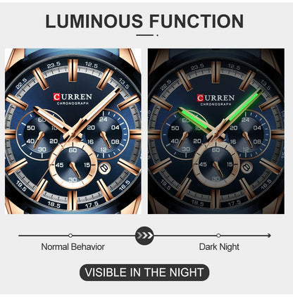 CURREN Luxury Sports Quartz Men's Watch – Full Steel Waterproof Chronograph Wristwatch with Luminous Hands