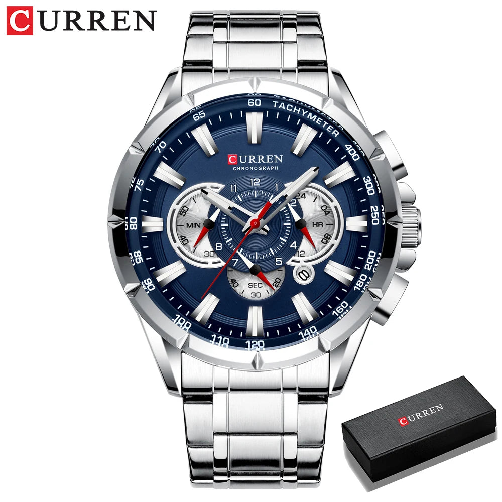 CURREN Casual Sport Chronograph Men's Watch – Stainless Steel Big Dial Quartz Wristwatch with Luminous Pointers