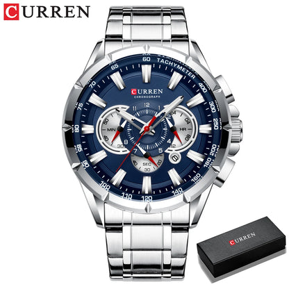 CURREN Casual Sport Chronograph Men's Watch – Stainless Steel Big Dial Quartz Wristwatch with Luminous Pointers
