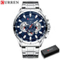 CURREN Casual Sport Chronograph Men's Watch – Stainless Steel Big Dial Quartz Wristwatch with Luminous Pointers