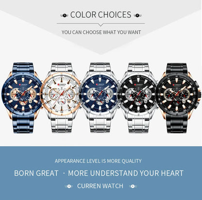 CURREN Casual Sport Chronograph Men's Watch – Stainless Steel Big Dial Quartz Wristwatch with Luminous Pointers