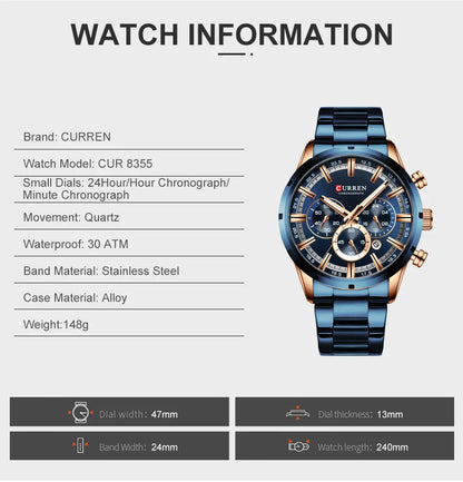 CURREN Luxury Sports Quartz Men's Watch – Full Steel Waterproof Chronograph Wristwatch with Luminous Hands