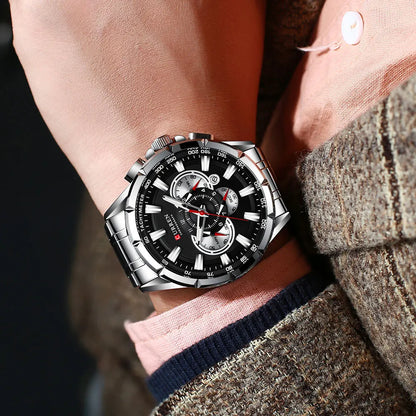 CURREN Casual Sport Chronograph Men's Watch – Stainless Steel Big Dial Quartz Wristwatch with Luminous Pointers