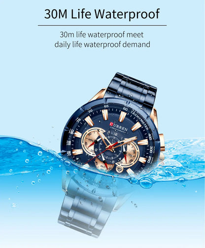 CURREN Casual Sport Chronograph Men's Watch – Stainless Steel Big Dial Quartz Wristwatch with Luminous Pointers