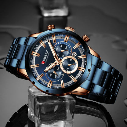CURREN Luxury Sports Quartz Men's Watch – Full Steel Waterproof Chronograph Wristwatch with Luminous Hands