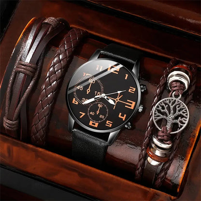 5PCS Men's Retro Sports Watch Set – Big Dial Quartz Wristwatch with Leather Strap & Bracelets