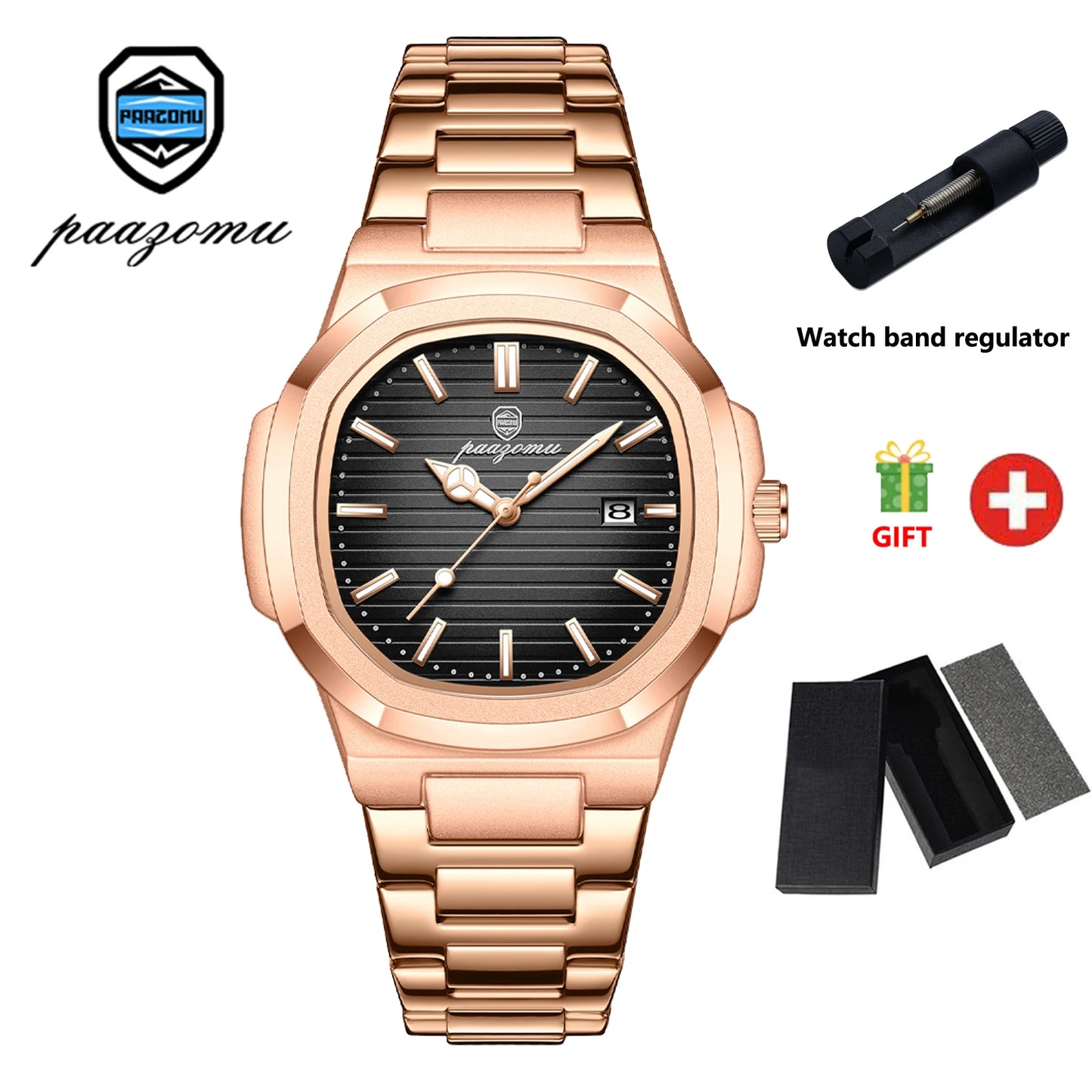 Paazomu 2024 Luxury Men's Square Quartz Watch – Waterproof Business Timepiece with Luminous Display