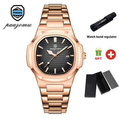 Paazomu 2024 Luxury Men's Square Quartz Watch – Waterproof Business Timepiece with Luminous Display