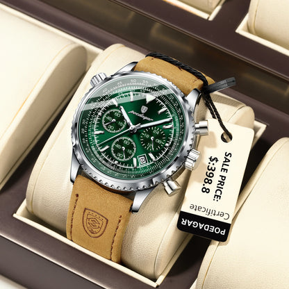 POEDAGAR Luxury Men's Quartz Chronograph Watch – Waterproof Luminous Date Leather Sports Watch