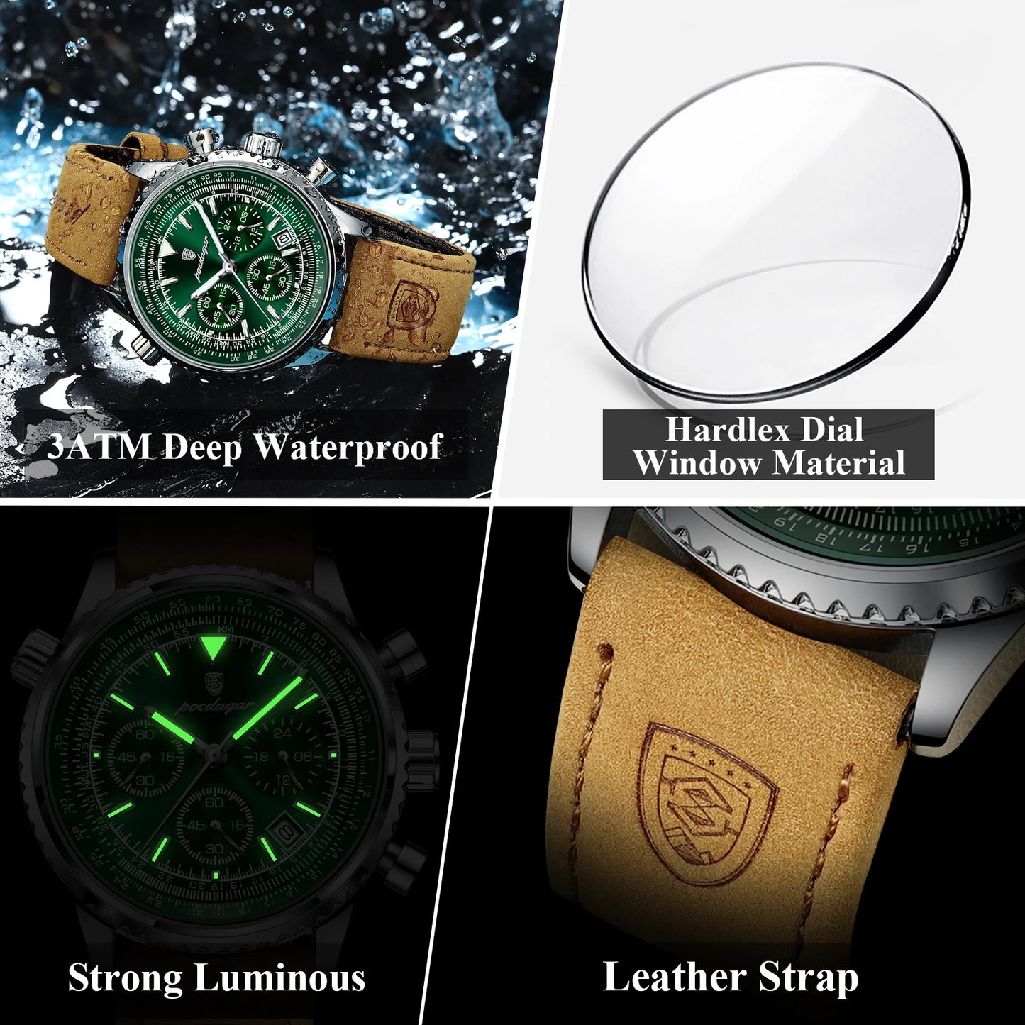 POEDAGAR Luxury Men's Quartz Chronograph Watch – Waterproof Luminous Date Leather Sports Watch
