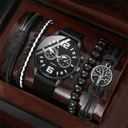 5PCS Men's Retro Sports Watch Set – Big Dial Quartz Wristwatch with Leather Strap & Bracelets