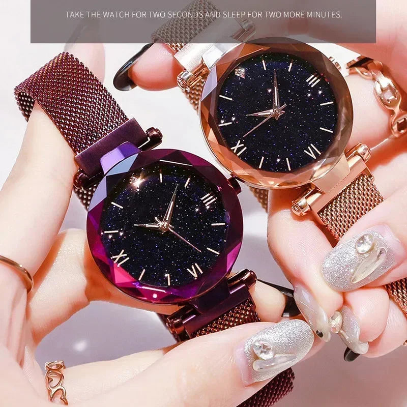 RUNERR Luxury Starry Sky Women’s Watch – Magnetic Mesh Band Quartz Dress Wristwatch