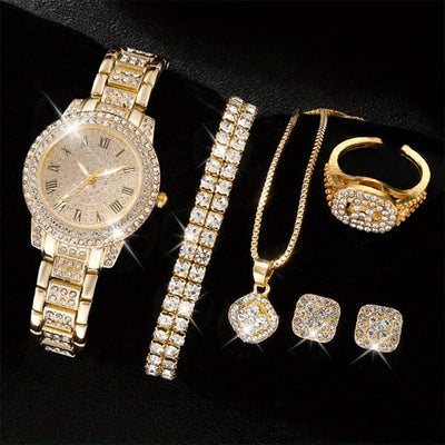 6PCS Women's Luxury Crystal Quartz Watch & Jewelry Set – Elegant Alloy Wristwatch Gift