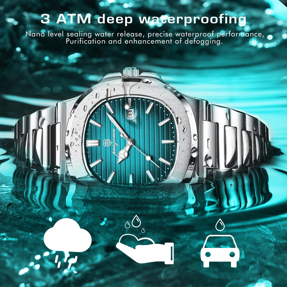 Paazomu 2024 Luxury Men's Square Quartz Watch – Waterproof Business Timepiece with Luminous Display