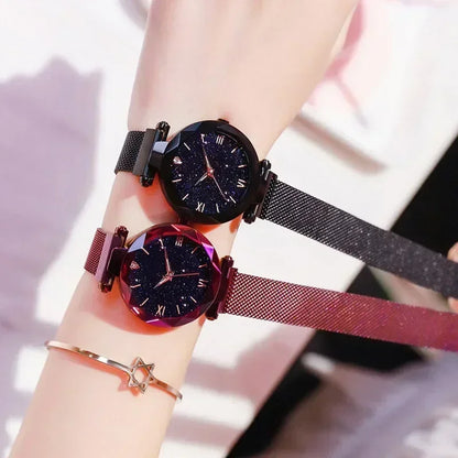 RUNERR Luxury Starry Sky Women’s Watch – Magnetic Mesh Band Quartz Dress Wristwatch