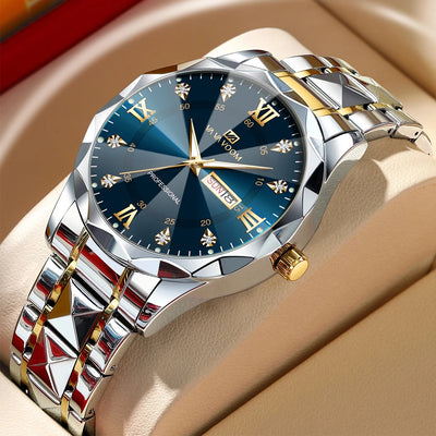 Men's Luxury Water Diamond Night Glow Watch – Double Calendar Quartz Stainless Steel Business Watch