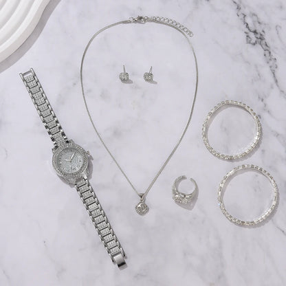 6PCS Women's Luxury Crystal Quartz Watch & Jewelry Set – Elegant Alloy Wristwatch Gift