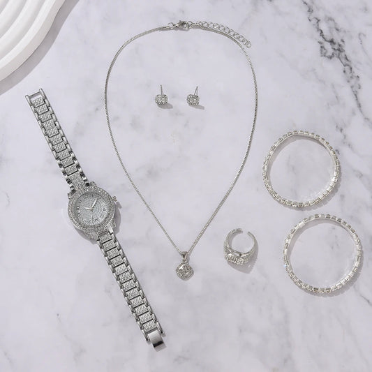 6PCS Women's Luxury Crystal Quartz Watch & Jewelry Set – Elegant Alloy Wristwatch Gift