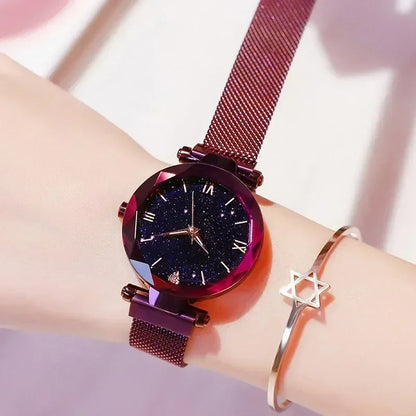 RUNERR Luxury Starry Sky Women’s Watch – Magnetic Mesh Band Quartz Dress Wristwatch