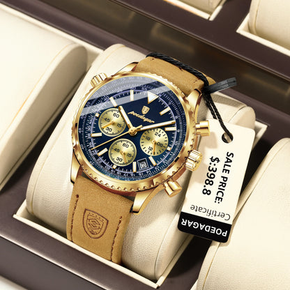 POEDAGAR Luxury Men's Quartz Chronograph Watch – Waterproof Luminous Date Leather Sports Watch