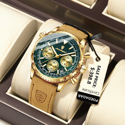 POEDAGAR Luxury Men's Quartz Chronograph Watch – Waterproof Luminous Date Leather Sports Watch