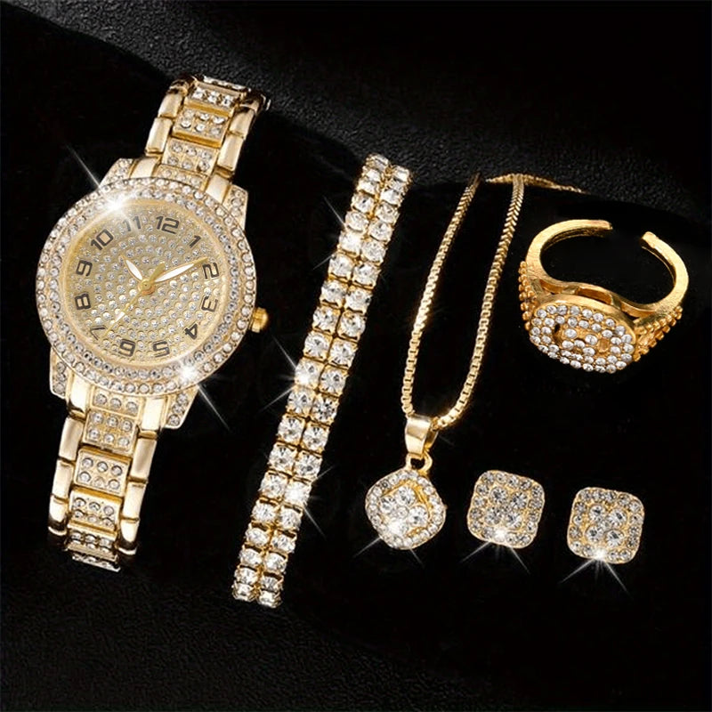 6PCS Women's Luxury Crystal Quartz Watch & Jewelry Set – Elegant Alloy Wristwatch Gift