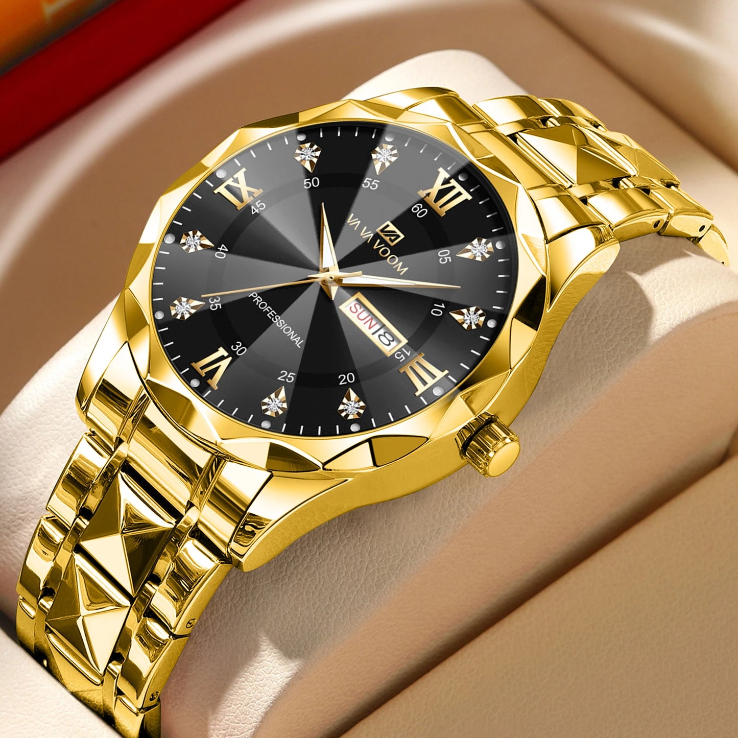 Men's Luxury Water Diamond Night Glow Watch – Double Calendar Quartz Stainless Steel Business Watch