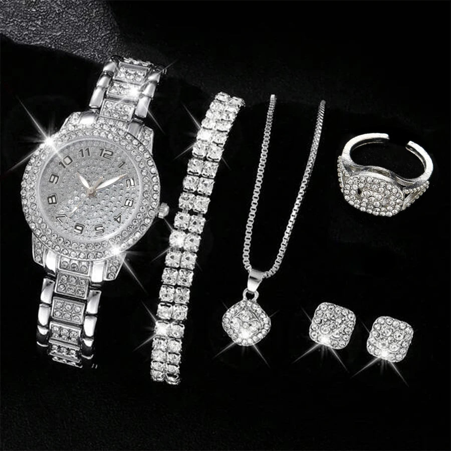 6PCS Women's Luxury Crystal Quartz Watch & Jewelry Set – Elegant Alloy Wristwatch Gift